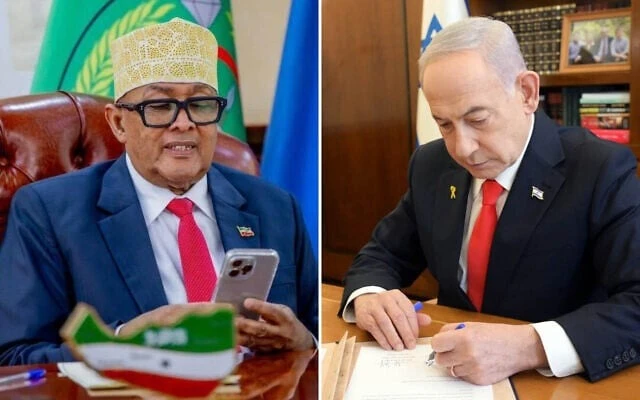 Lãnh đạo Somaliland Abdirahman Mohamed Abdullahi (trái) điện đàm với Thủ tướng Israel Benjamin Netanyahu. Ảnh: GPO Israel công nhận Somaliland.jpg