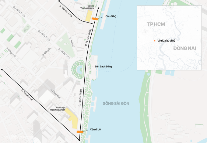 Vị trí hai cầu đi bộ kết nối với bến Bạch Đằng. Đồ họa: Tâm Thảo