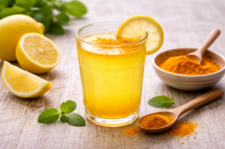 Nước chanh pha nghệ là thức uống buổi sáng hỗ trợ thải độc gan, thận. Ảnh AI.