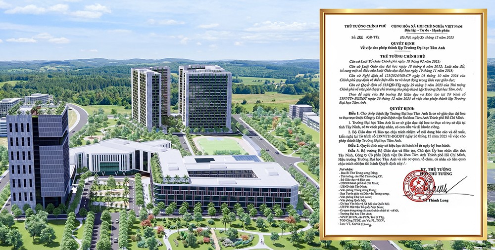 Quyết định thành lập Trường Đại học Tâm Anh do Thủ tướng Chính phủ ban hành ngày 30/12/2025 và phối cảnh của Trường. Ảnh: Trường Đại học Tâm Anh
