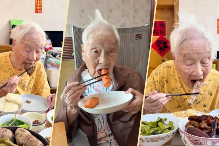 Bà Zhong Wenyu không còn răng nhưng vẫn thích thưởng thức nhiều món ăn. Ảnh: Douyin