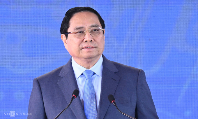 Thủ tướng Phạm Minh Chính phát biểu tại lễ khởi công, khánh thành công trình. Ảnh: Giang Huy