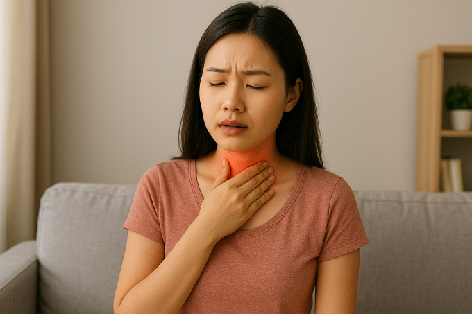 Trào ngược dạ dày khiến cổ họng đau rát. Ảnh được tạo bởi AI