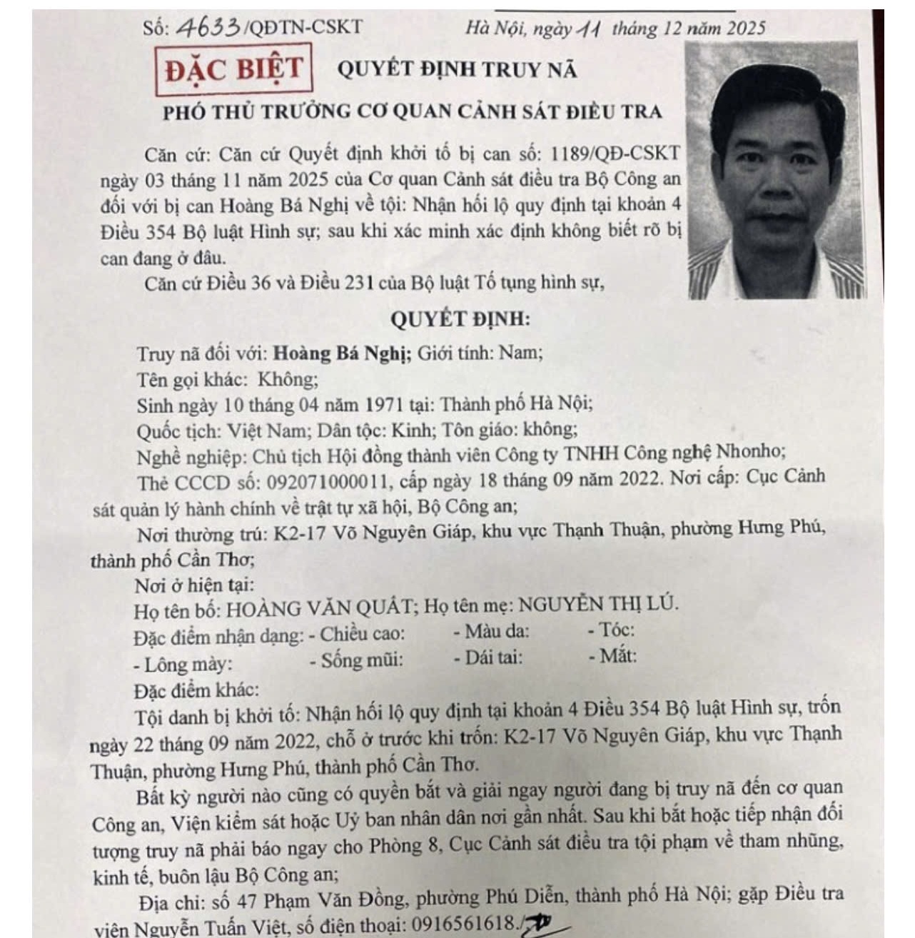 Truy nã đặc biệt Chủ tịch Công ty TNHH Công nghệ NhoNho Hoàng Bá Nghị - Ảnh 1.