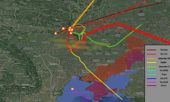 Hướng bay của tên lửa Nga trong trận tập kích ngày 27/12. Đồ họa: X/AMK Mapping
