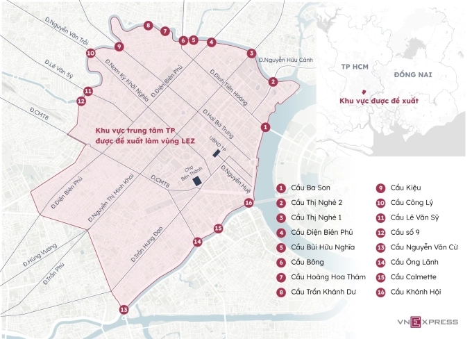 Khu vực trung tâm thành phố được đề xuất làm vùng LEZ. Đồ họa: Hoàng Khánh