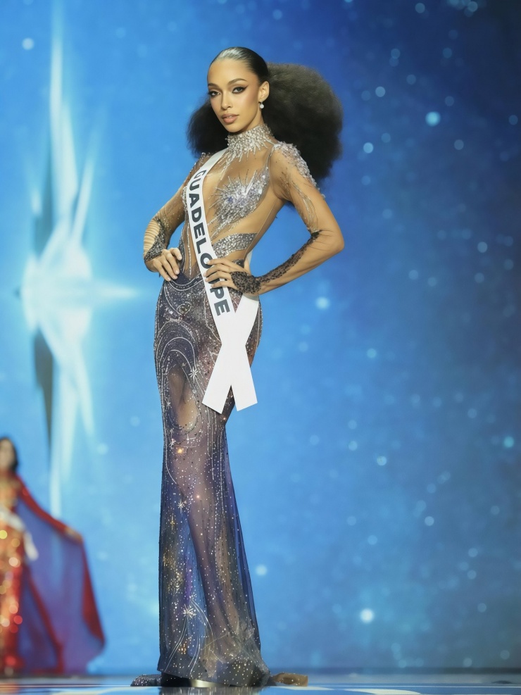 Thiết kế ôm sát với những họa tiết bắt mắt của Ophély Mézino được đánh giá là một trong những bộ váy dạ hội nổi bật tại chung kết Hoa hậu Hoàn vũ 2025. Chung cuộc, cô đã lọt vào top 12.