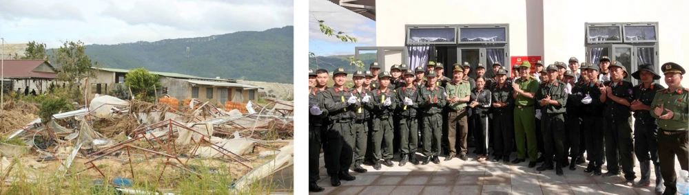 Căn nhà của chị Nguyễn Thị Hương Lan tan hoang sau lũ (ảnh trái) và đã được xây dựng cấp tốc, bàn giao (ảnh phải). Ảnh: P.NAM