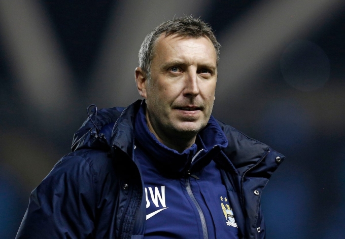 Giám đốc bóng đá Man Utd, Jason Wilcox thời còn dẫn dắt U18 Man City ở lượt đi bán kết FA Youth Cup, trên sân học viện Man City ngày 11/3/20215. Ảnh: Reuters