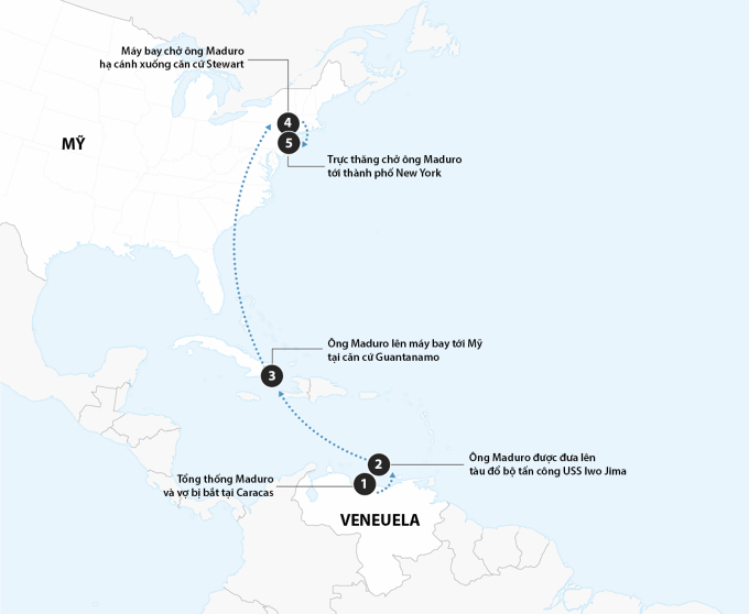 Hành trình của Tổng thống Venezuela Nicolas Maduro tới Mỹ sau khi bị bắt. Đồ họa: CNN