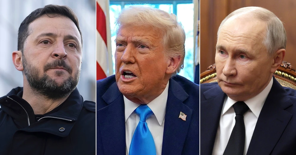 (Từ trái sang) Tổng thống Ukraine Volodymyr Zelensky, Tổng thống Mỹ Donald Trump và Tổng thống Nga Vladimir Putin. Ảnh: ABC NEWS Đàm phán chấm dứt xung đột Nga-Ukraine- Lạc quan và nút thắt.jpg