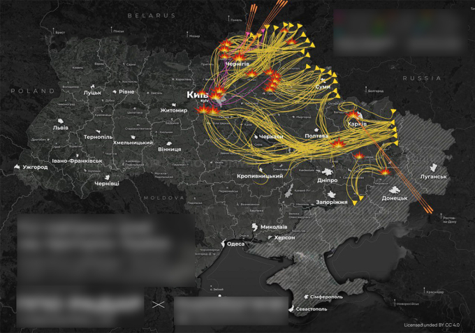 Hướng bay của tên lửa và UAV Nga trong trận tập kích ngày 5/1. Đồ họa: X/Monitor War