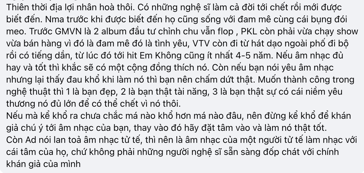 Tranh cãi nam ca sĩ Việt tuyên bố giải nghệ nếu không tạo ra thu nhập, viết gì mà netizen nói “ảo tưởng sức mạnh