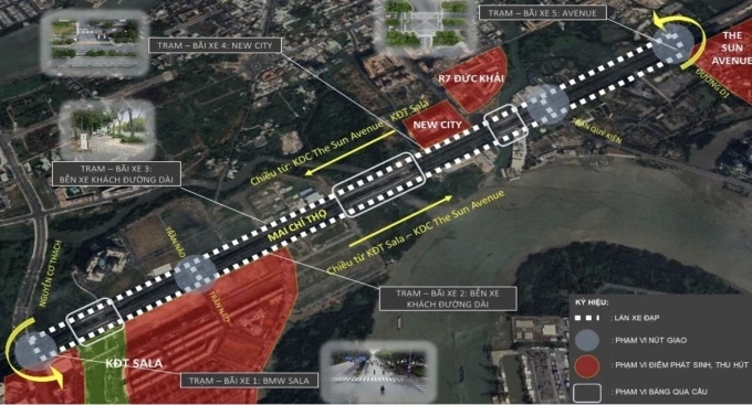 Thiết kế làn đường ưu tiên xe đạp trên đại lộ Mai Chí Thọ. Ảnh: Trung tâm Quản lý điều hành giao thông đô thị