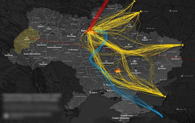 Hướng bay của tên lửa và UAV Nga trong trận tập kích ngày 8/1. Đồ họa: Ukraine Pyx