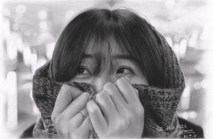 Bức tranh Nguyễn Thế Vũ vẽ người vợ. Ảnh: Nhân vật cung cấp