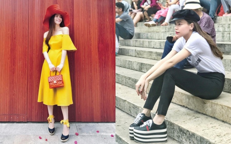 Phong cách của Hà Hồ năm 2017 thể hiện tính thử nghiệm với những kiểu mốt kén người mặc. Cô theo đuổi mốt color block, quần legging với giày bánh mỳ, mũ quá khổ.