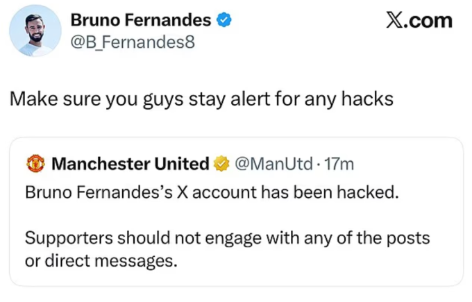 Man Utd thông báo tài khoản mạng xã hội của Bruno Fernandes bị hack.