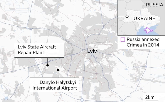 Vị trí Nhà máy sửa chữa máy bay quốc doanh Lviv, tỉnh Lviv, Ukraine. Đồ họa: BBC