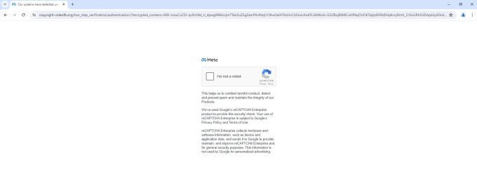 Để tiếp tục né tránh hệ thống và tăng mức độ uy tín, liên kết sẽ được chuyển hướng thông qua trang giả mạo chứa logo Meta và xác thực captcha.