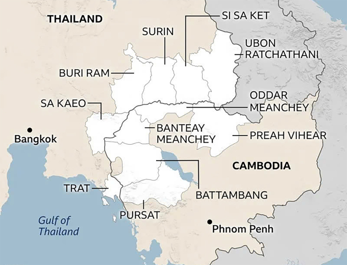 Các tỉnh biên giới của Thái Lan và Campuchia. Đồ họa: BBC