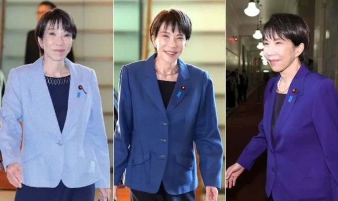 Bà Sanae Takaichi thích diện balzer xanh với váy liền thân tối giản cùng tông màu đen. Ảnh: Ataru Haruna