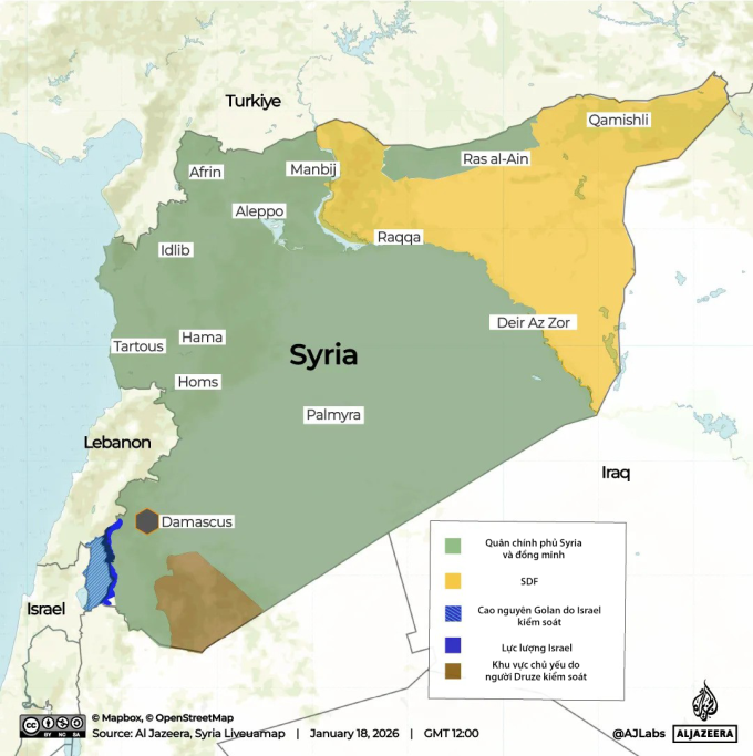 Các khu vực do chính phủ Syria và SDF kiểm soát. Đồ họa: Al Jazeera