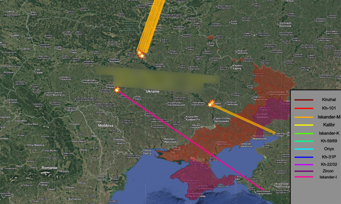 Hướng bay của một số tên lửa Nga dùng tập kích Ukraine ngày 20/1. Đồ họa: X/AMK Mapping