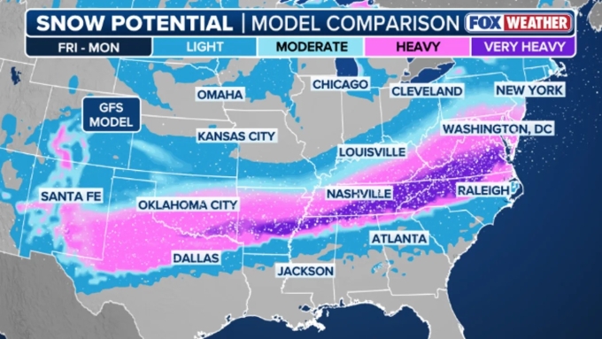 Các khu vực bị ảnh hưởng bởi bão mùa đông vào cuối tuần này tại Mỹ. Ảnh: Fox Weather