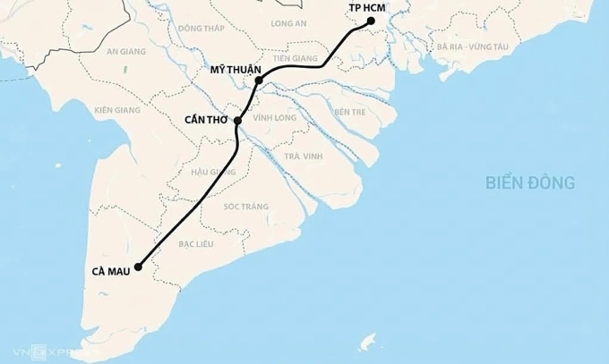Hướng tuyến cao tốc Cần Thơ - Cà Mau. Đồ họa: Hoàng Chương