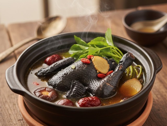 Thực đơn 5 món ngon từ ngải cứu giúp bồi bổ cơ thể mùa lạnh 3 Gà ác tần ngải cứu.