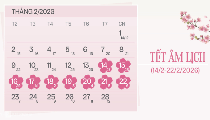 Lịch nghỉ Tết Bính Ngọ 2026. Đồ họa: Tạ Lư