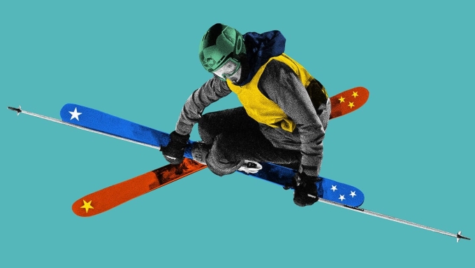 Minh họa Eileen Gu với hai ván trượt mang cờ Trung Quốc và Mỹ. Ảnh: Economist