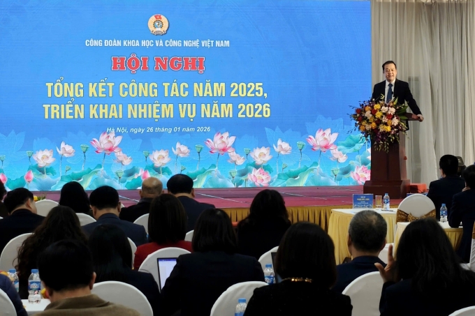 Hội nghị tổng kết công tác năm 2025, triển khai nhiệm vụ năm 2026 của Công đoàn Khoa học và Công nghệ Việt Nam, sáng 26/1. Ảnh: Trọng Đạt