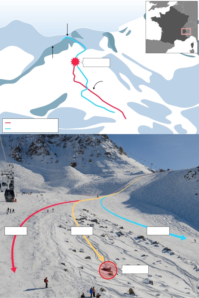 Vị trí Michael Schumacher gặp nạn (khoanh tròn đỏ) khi trượt tuyết ngày 29/12/2013 trên dãy Alps ở Pháp. Ảnh: Daily Mail