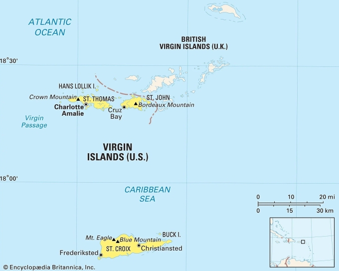 Vị trí ba đảo St. Thomas, St. John và St. Croix (màu vàng) thuộc quần đảo Virgin của Mỹ. Đồ họa: Britannica