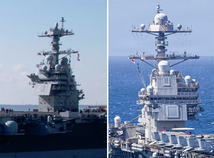 Tháp chỉ huy trên tàu sân bay USS John F. Kennedy (trái) và USS Gerald R. Ford (phải). Ảnh: HII, US Navy