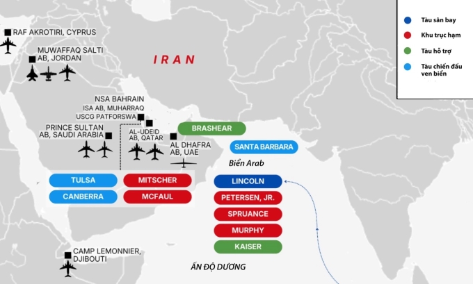 Vị trí nhóm tác chiến tàu sân bay USS Abraham Lincoln. Đồ họa: IEJ Media