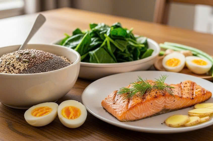 Món ăn chứa magie, vitamin B2, omega-3 hỗ trợ cải thiện đau đầu trong mùa lạnh. Ảnh được tạo bởi AI