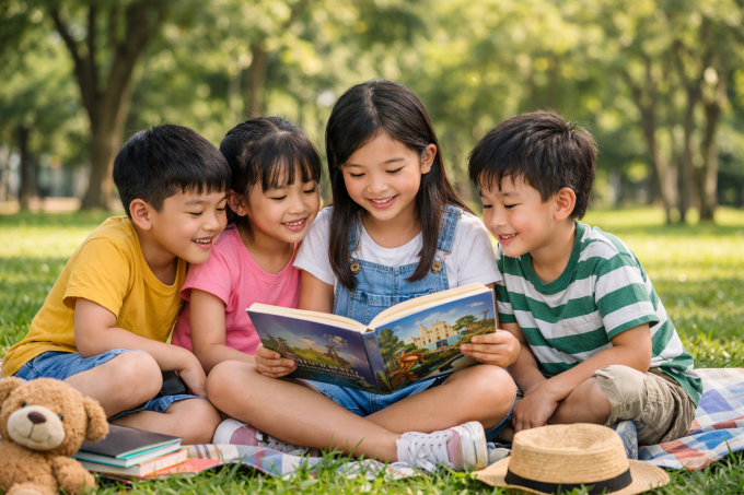 Trẻ vui chơi ngoài trời giúp giải trí, tăng khả năng tập trung. Ảnh tạo bởi AI