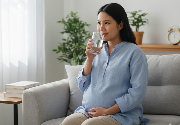 Mẹ bầu nên uống nhiều nước lọc giúp giảm tình trạng táo bón. Ảnh được tạo bởi AI