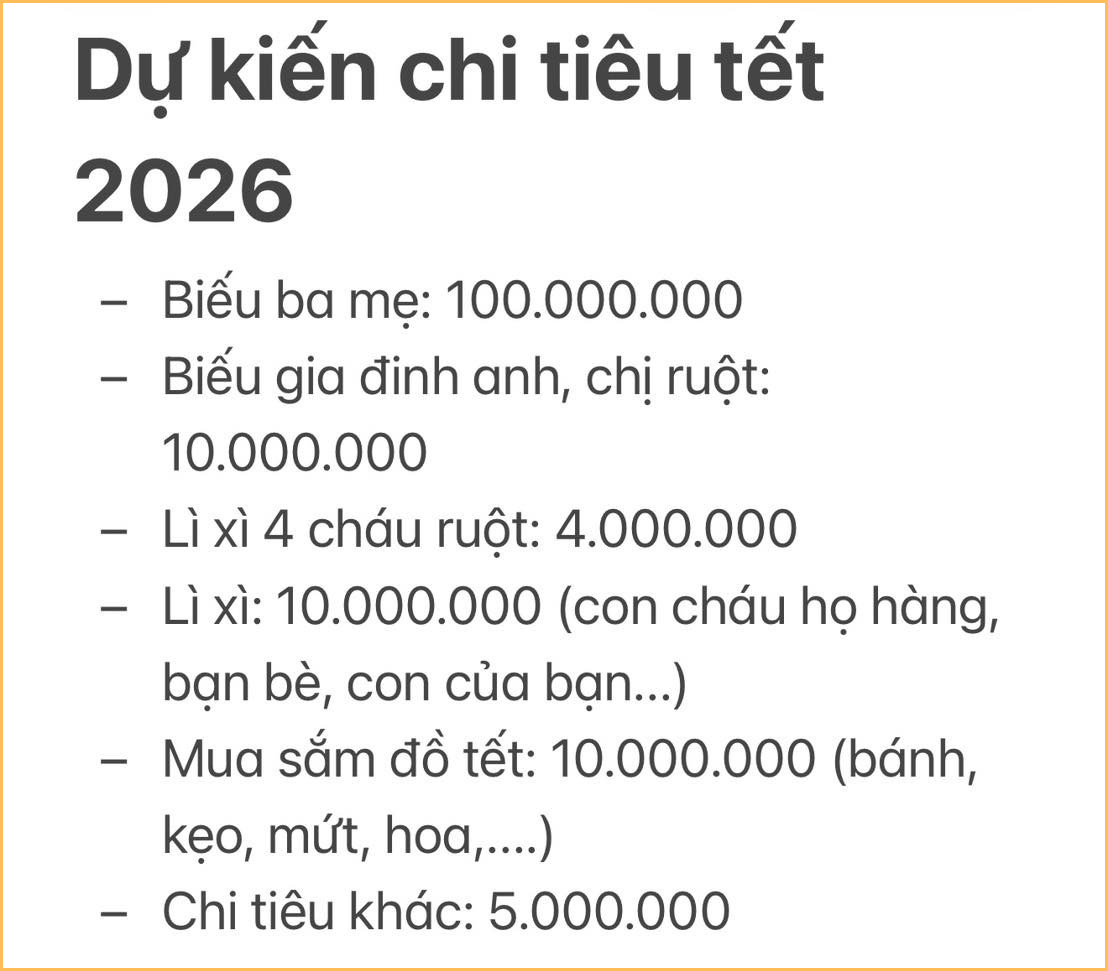 Bảng chi tiêu Tết trị giá 139 triệu: Biếu bố mẹ 100 triệu, 39 triệu còn lại làm những gì?- Ảnh 1.