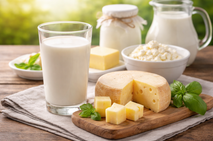 Sữa, phô mai có thể cung cấp vitamin D cho bé vào mùa lạnh. Ảnh được tạo bởi AI