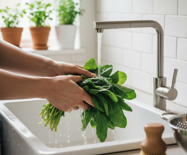 Nên rửa sạch rau dưới vòi nước chảy để loại bỏ bụi bẩn.