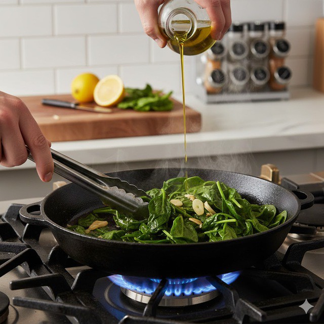 Xào rau cải bó xôi với dầu ô liu mang lại giá trị dinh dưỡng tốt.