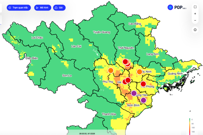 Bản đồ ô nhiễm không khí ở miền Bắc, sáng 9/1. Ảnh: VietnamAir