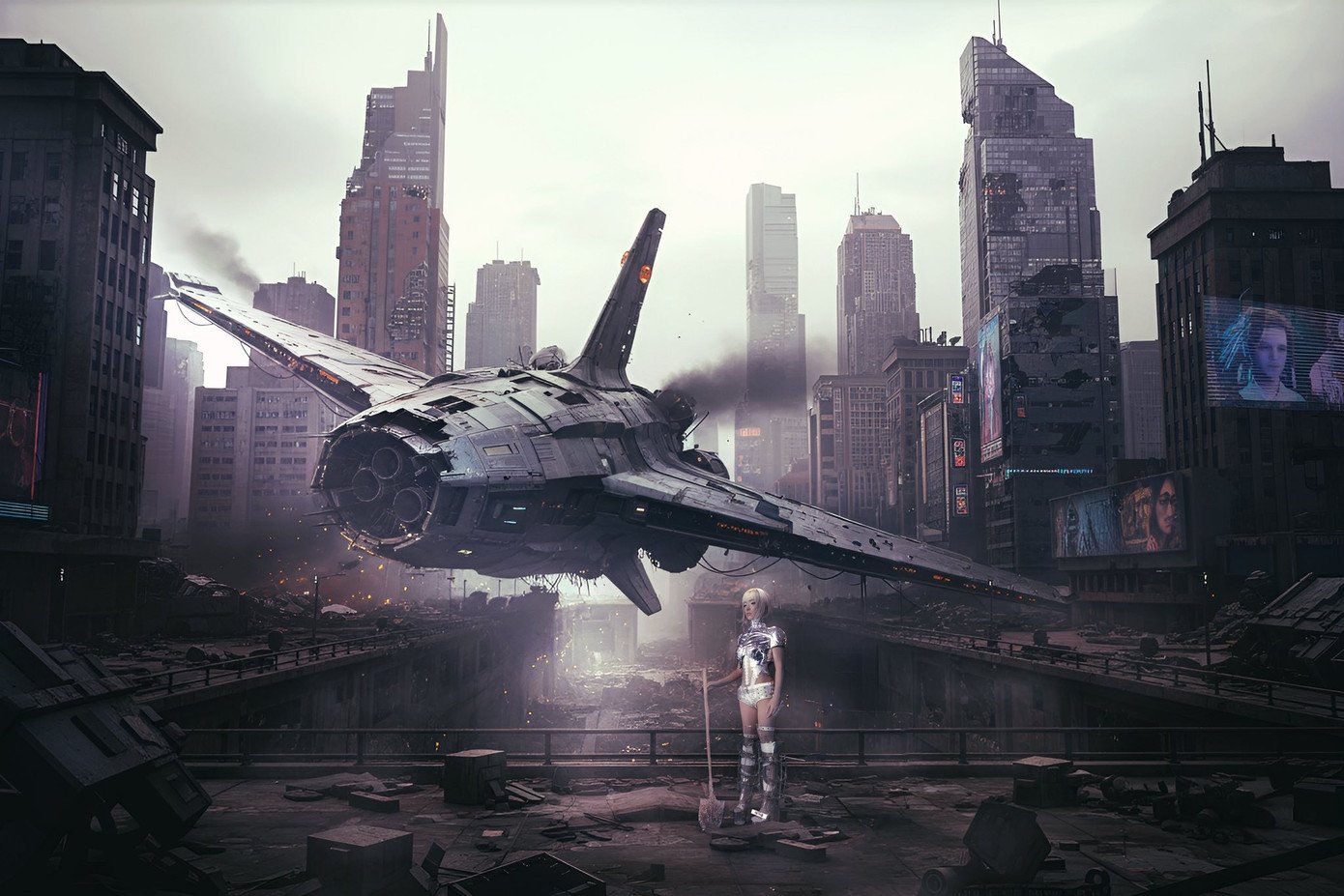 Sau đó, Châu Bùi tung bộ hình đậm chất viễn tưởng, gây ấn tượng bởi mức độ đầu tư đồ họa, trang phục. Giữa bối cảnh thành phố đổ nát và phi thuyền khổng lồ, "Em Xinh" hóa thân thành chiến binh tương lai trong trang phục metallic bạc sáng loáng, tóc bạch kim.