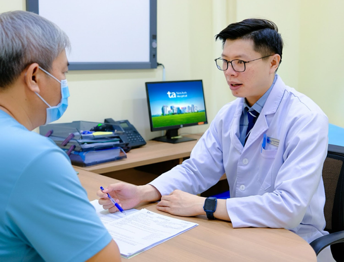 Bác sĩ Sỹ tư vấn cho ông Đương trong ngày tái khám. Ảnh: Bệnh viện Đa khoa Tâm Anh