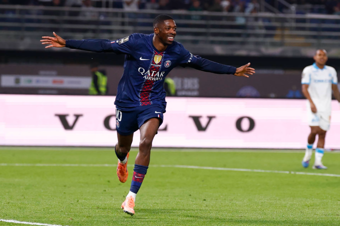 Ousmane Dembele mừng bàn mở tỷ số, khi PSG thắng Marseille trận tranh Siêu Cup Pháp trên sân Jaber Al-Ahmad, Kuwait ngày 8/1/2026. Ảnh: PSG