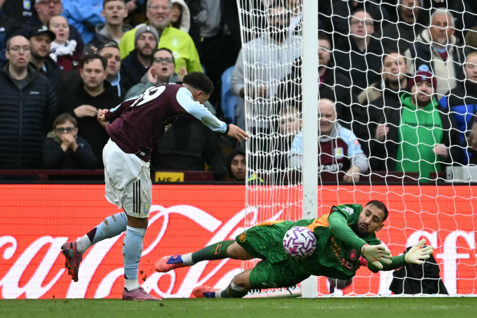 Thủ môn Gianluigi Donnarumma cản cú sút của tiền đạo Jadon Sancho trong trận Ngoại hạng Anh giữa Aston Villa - Man City trên sân Villa Park, Birmingham ngày 26/10/2025. Ảnh: AFP